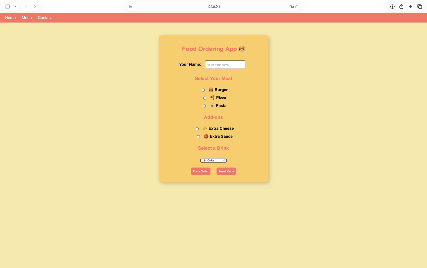 Food ordering webpage with meal, add-on, and drink selection controls