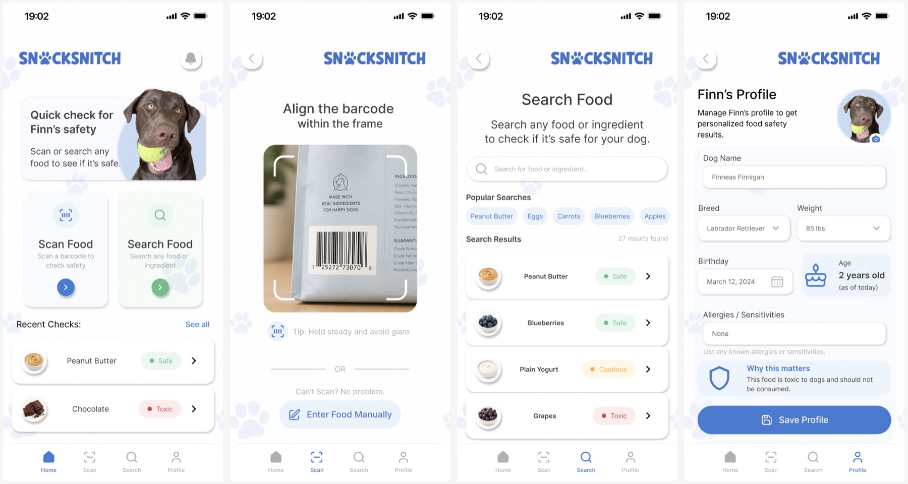 Four mobile screens from the SnackSnitch dog-safe food lookup app