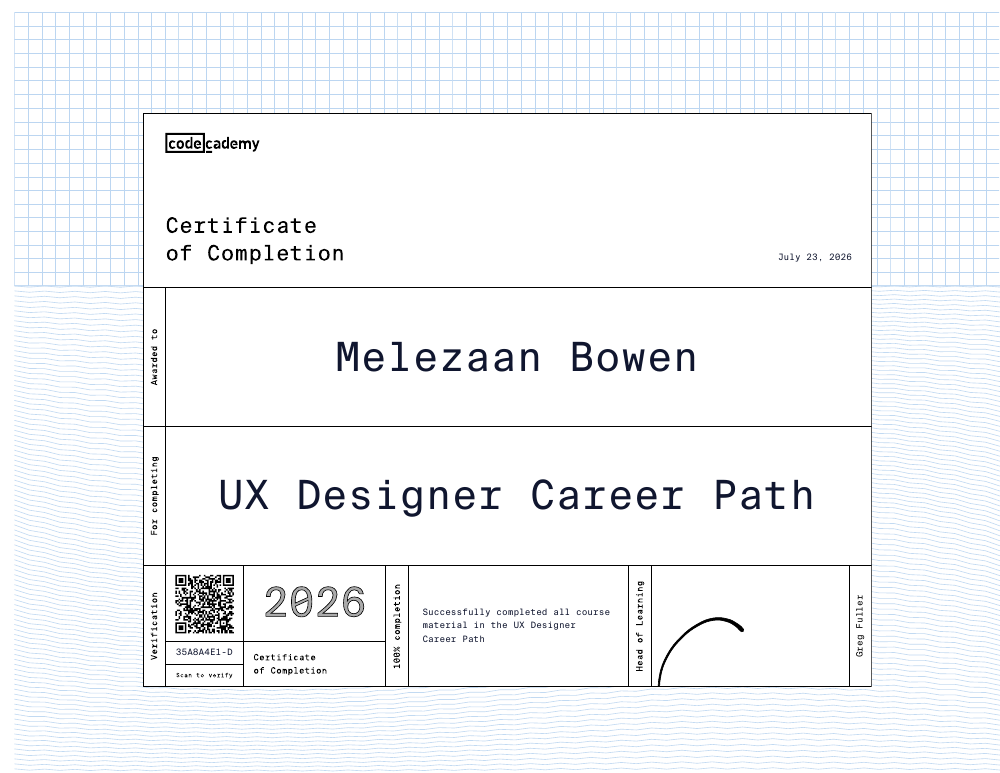 Codecademy UX Designer Career Path certificate awarded to Melezaan Bowen